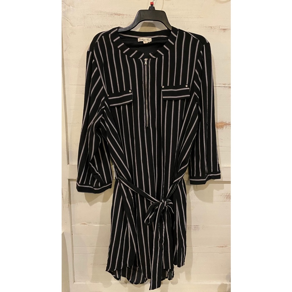 Black and White Striped Dress with Belt